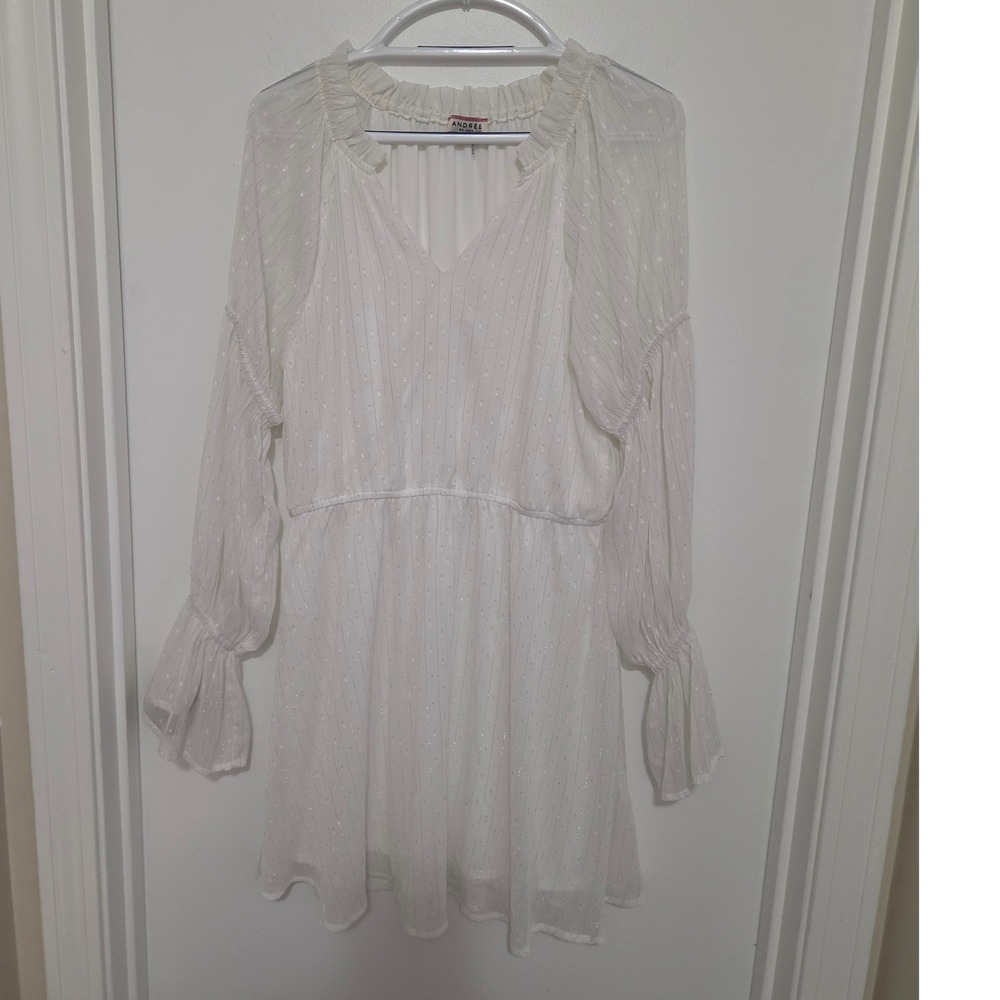 Andre by Unit White Swiss Dot Metallic Stripe Mini Dress Large 94106 Boho Ruffle